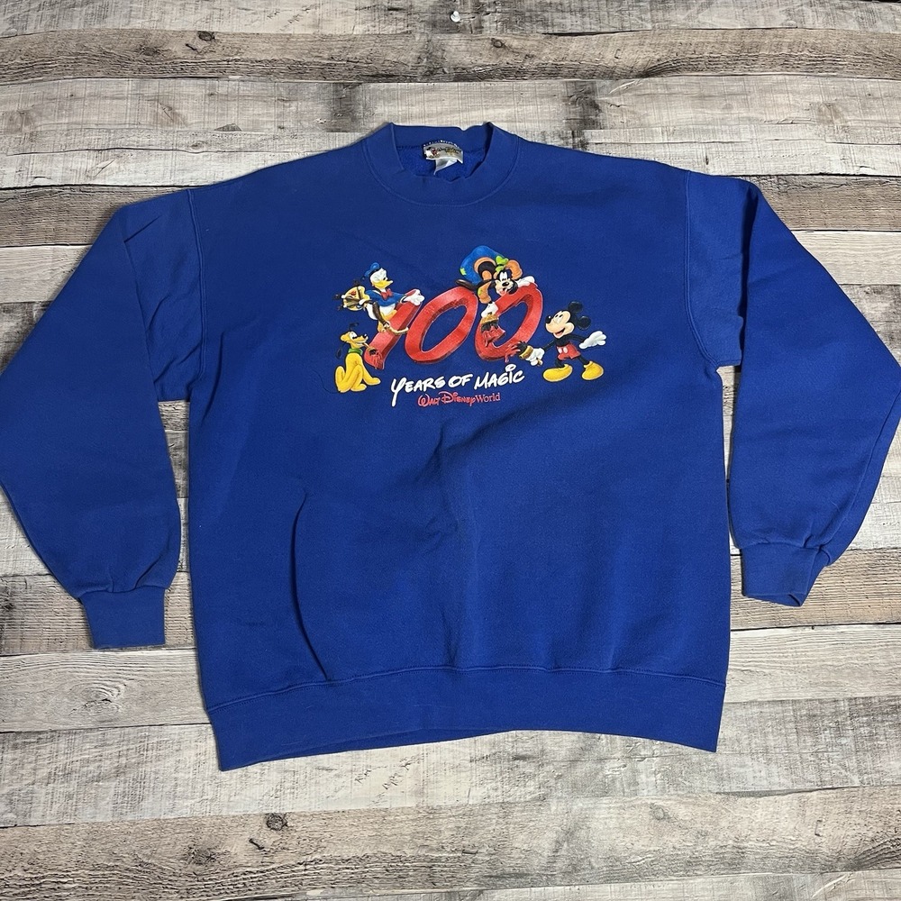 Disney Sweatshirt Size Large Blue Vintage 100 Years Of Magic Disneyland Mickey